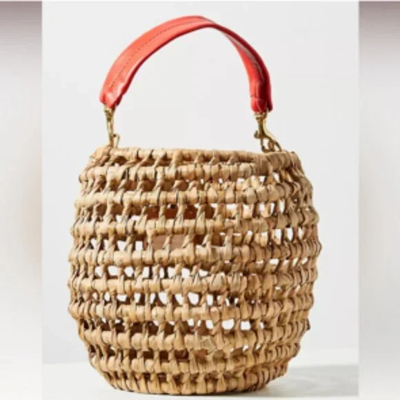 Clare V Pot De Miel Straw Bucket Bag with Tomatoe Red Leather Handle - Picture 1 of 6